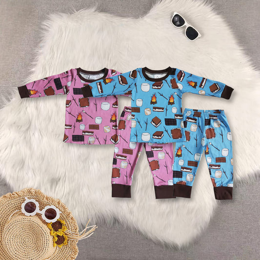 RTS NO MOQ Tiramisu-Bonfire Pattern Long Sleeve Long Pants Pajama Set