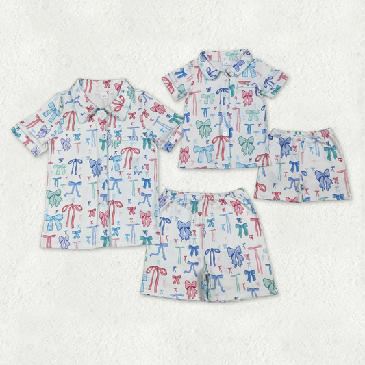RTS NO MOQ Sibling baby girl clothes and Adult clothes bow kids short sleeve shorts set and adult sets