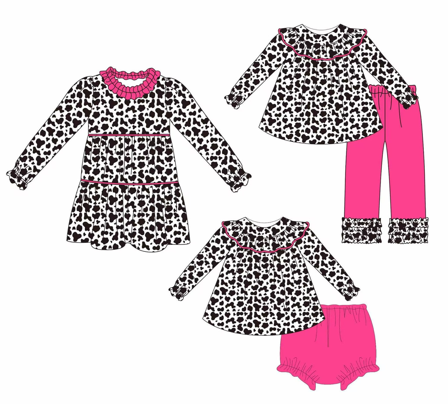 Custom moq 5 each style eta 6-7weeks baby girl clothes cow pattern long sleeve pants sets brief set and dress-25.8.14