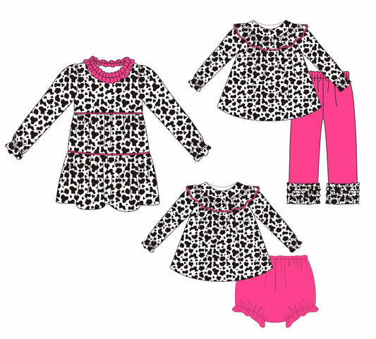 Custom moq 5 each style eta 6-7weeks baby girl clothes cow pattern long sleeve pants sets brief set and dress-25.8.14
