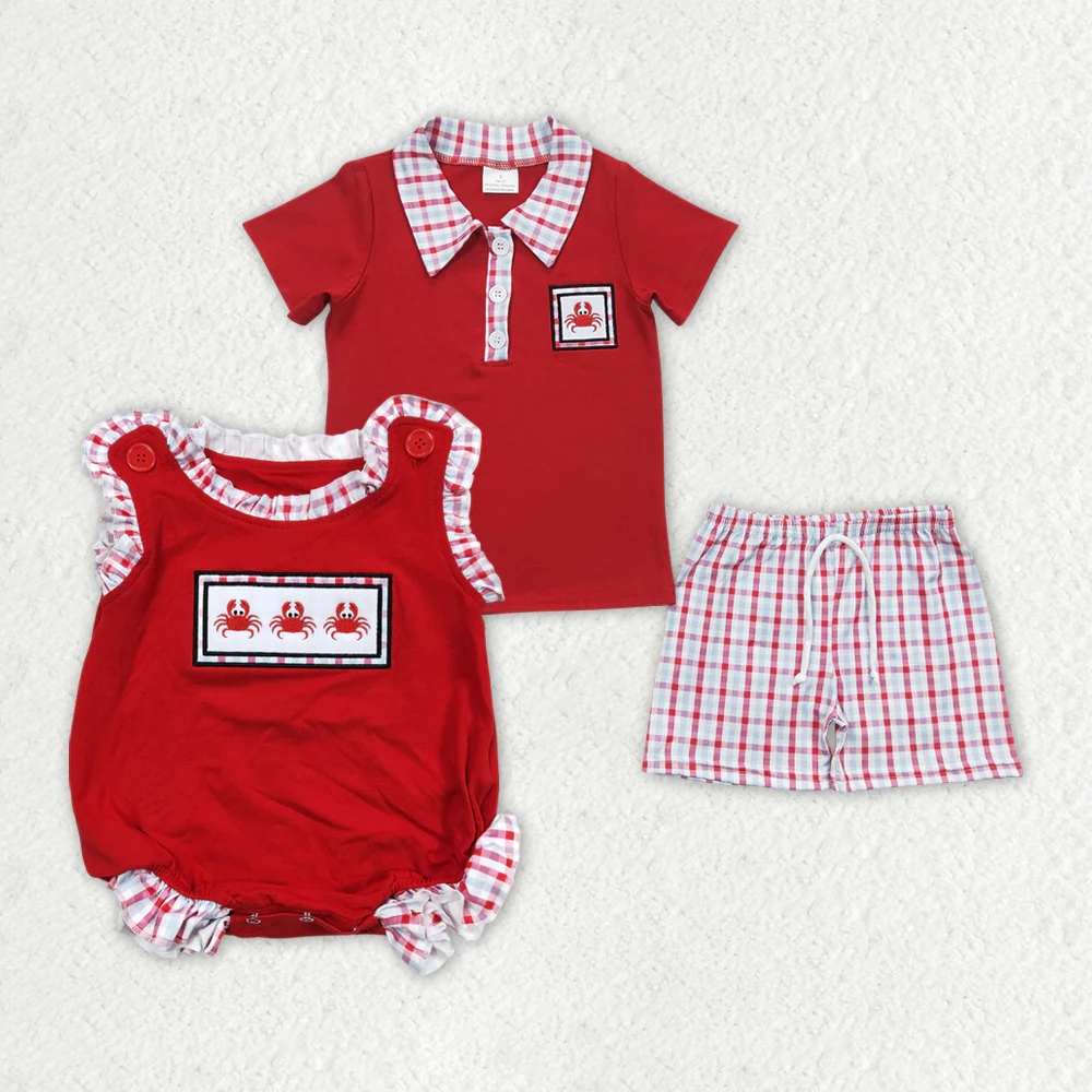RTS NO MOQ baby boy clothes embroidery crab Rompers Clothes Sets