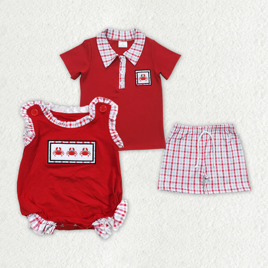 RTS NO MOQ baby boy clothes embroidery crab Rompers Clothes Sets