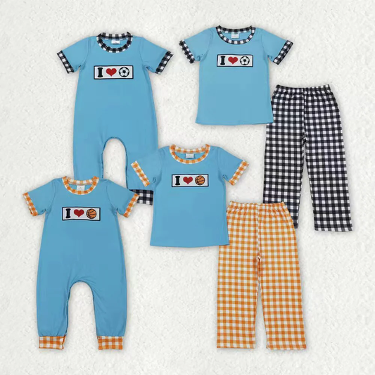 RTS NO MOQ Sibling Baby boy clothes embroidery short-sleeved trousers suits and rompers