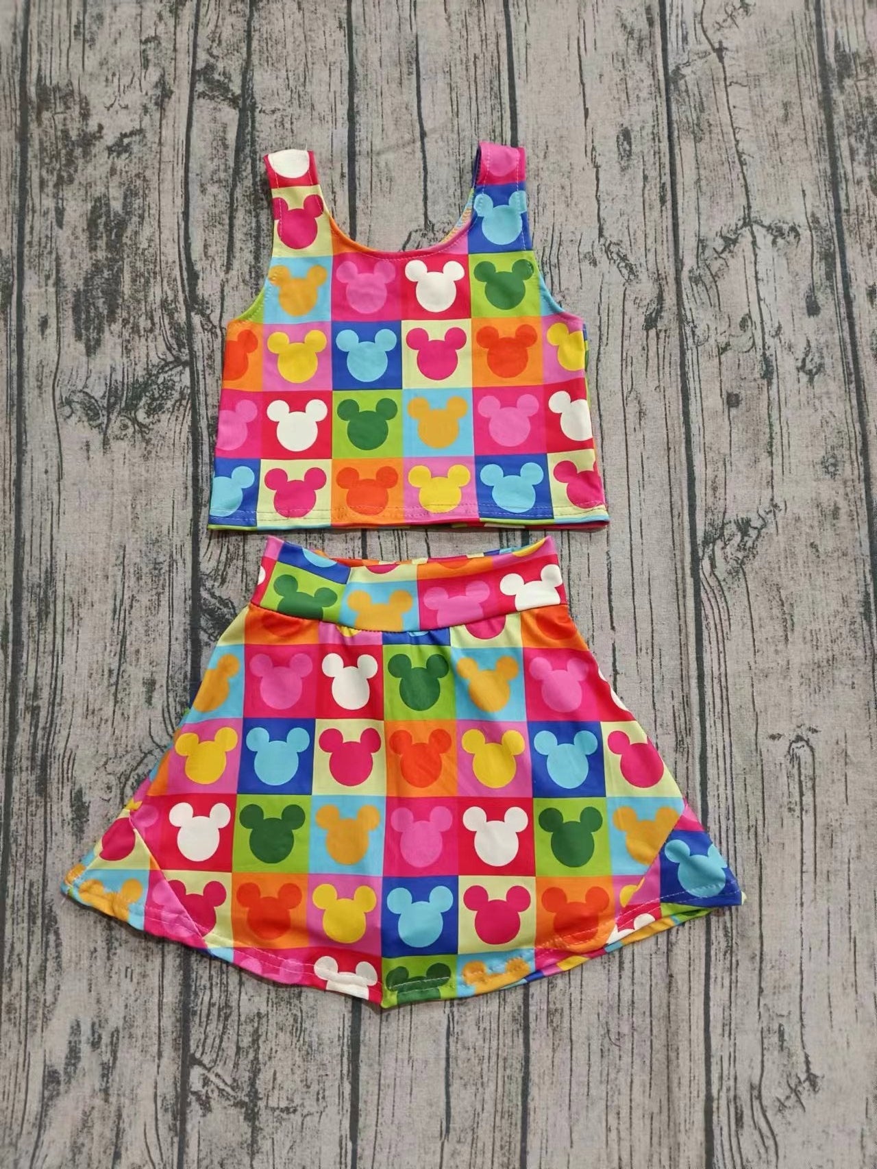 Custom moq 3 eta 6-7weeks baby girl clothes catoon colorful sleeveless skirts sets-25.8.6