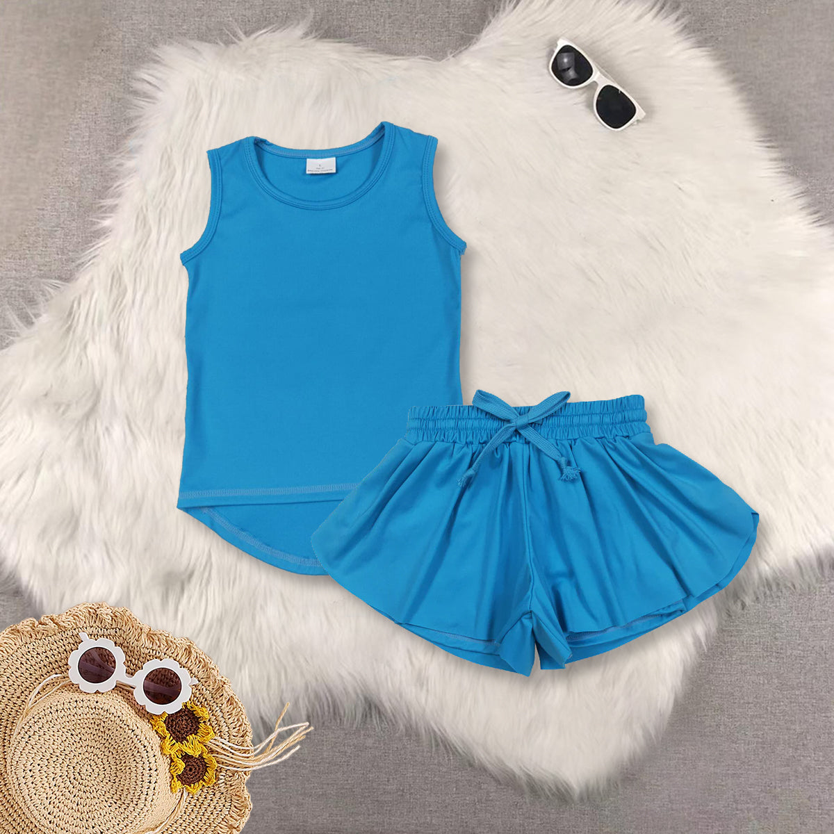 RTS NO MOQ Sibling baby girls clothes yoga solid color short sleeve Clothes Sets-2
