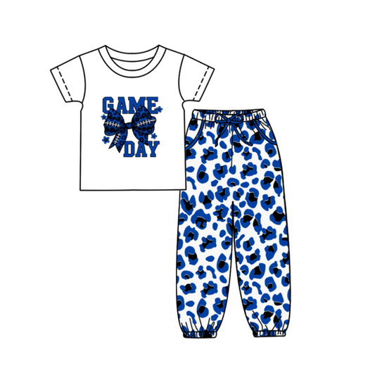 Custom summer teams baby boy clothes team GAME DAY bow blue camouflage short sleeve pants sets-25.9.5