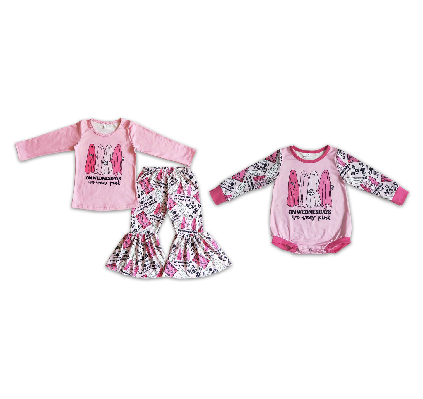 RTS NO MOQ  LR0098 GLP0173 Pink Ghost Pattern Long Sleeve Flared Pants Set & Long Sleeve Short Crawling Suit