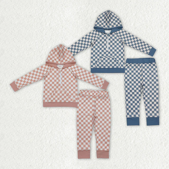RTS NO MOQ Baby Girls Plaid hooded Long Sleeve Pants Set