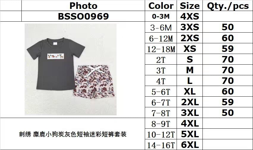rts no moq BSSO0969 embroidery elk puppy charcoal gray short sleeve camouflage shorts set