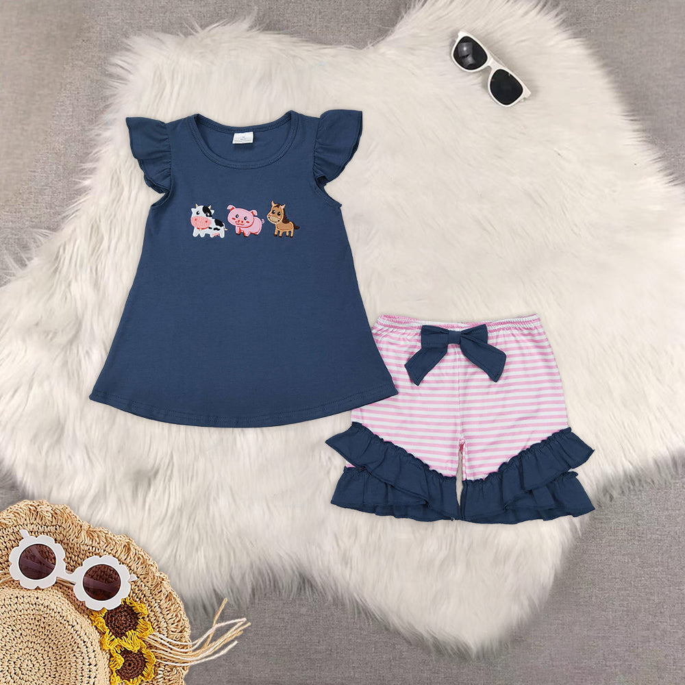 RTS NO MOQ baby Girls Clothes embroidery short sleeve shorts Sets