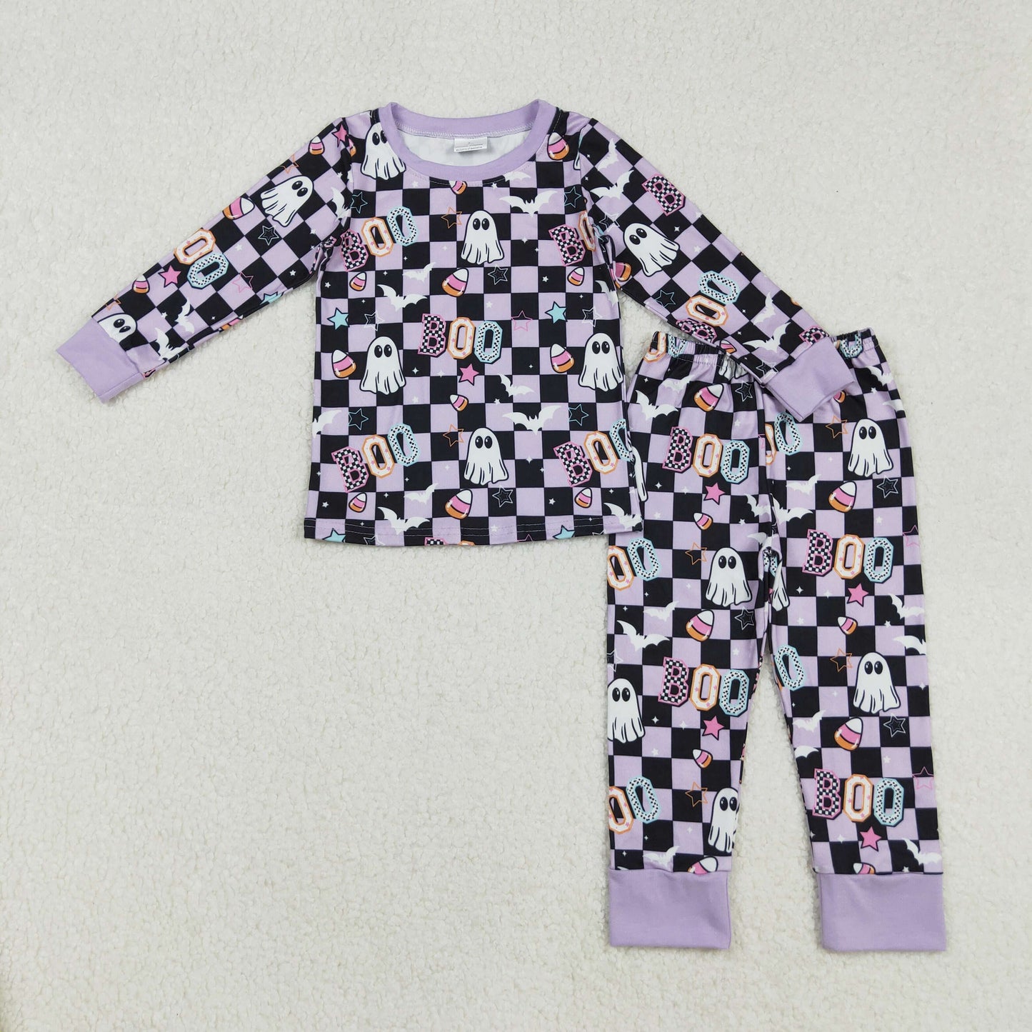 RTS NO MOQ（In Stock) GLP2684 Boo Halloween Ghost Star Candy Purple and Black Plaid Long-Sleeved Pants Set