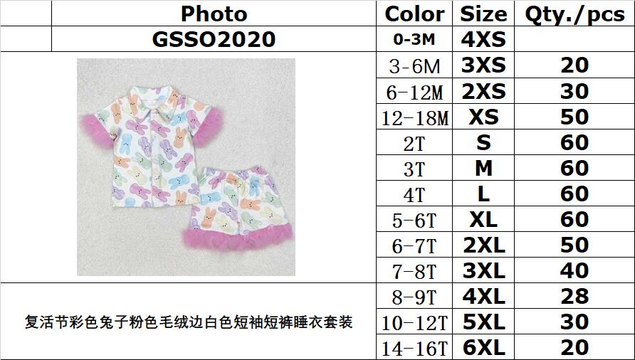 RTS NO MOQ ETA 5/7days Arrived GSSO2020 Easter color bunny pink plush edge white short sleeve shorts pajama set