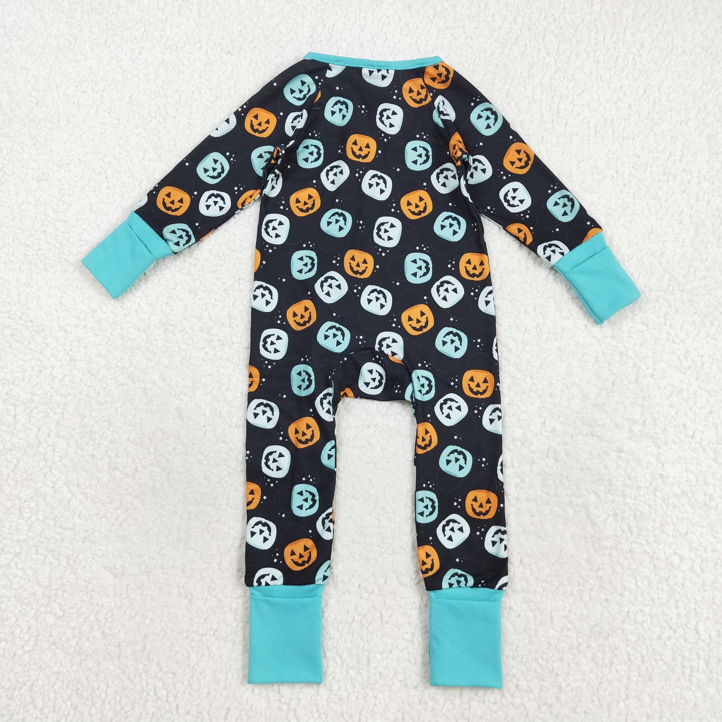 RTS NO MOQ（In Stock) LR2465 Halloween pumpkin black blue zipper long sleeve jumpsuit