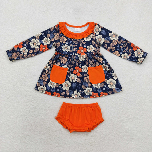RTS no moq GT0691+SS0364 Flower orange lace pocket navy blue long-sleeved top Pure orange briefs