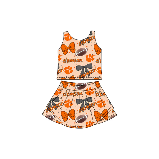 Custom moq 5 each style eta 6-7weeks baby girl clothes team bow orange sleeveless skirts sets-25.7.23