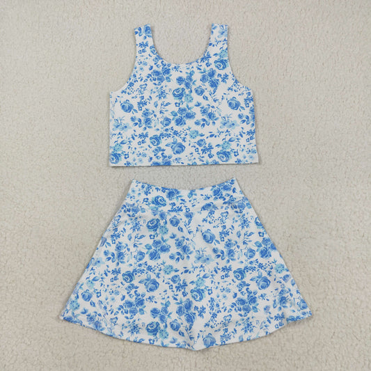 RTS NO MOQ（In Stock) GSD2787 Blue floral white sleeveless culottes yoga set