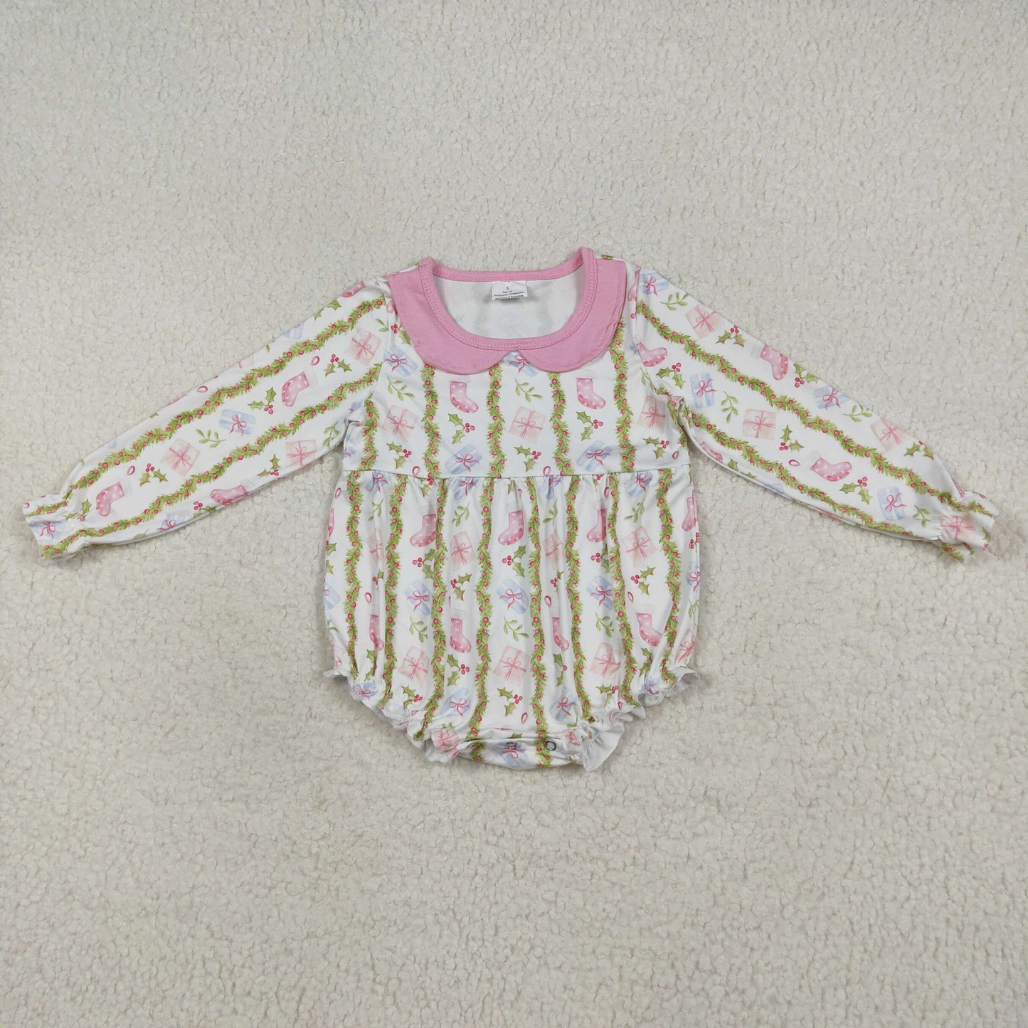RTS NO MOQ（In Stock ) LR2324 Christmas gift socks leaves pink doll collar white long-sleeved jumpsuit