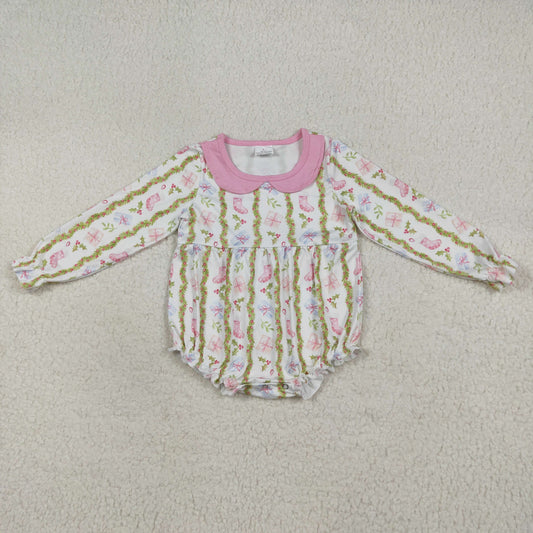 RTS NO MOQ（In Stock ) LR2324 Christmas gift socks leaves pink doll collar white long-sleeved jumpsuit