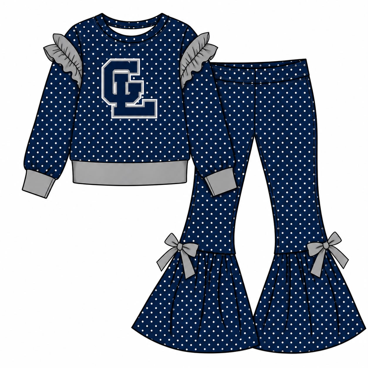 custom moq 5 mix size VICTORIA0107 Baby Girls Ruffle Outfit Long Sleeve Top And Bow Flare Pants Team Set