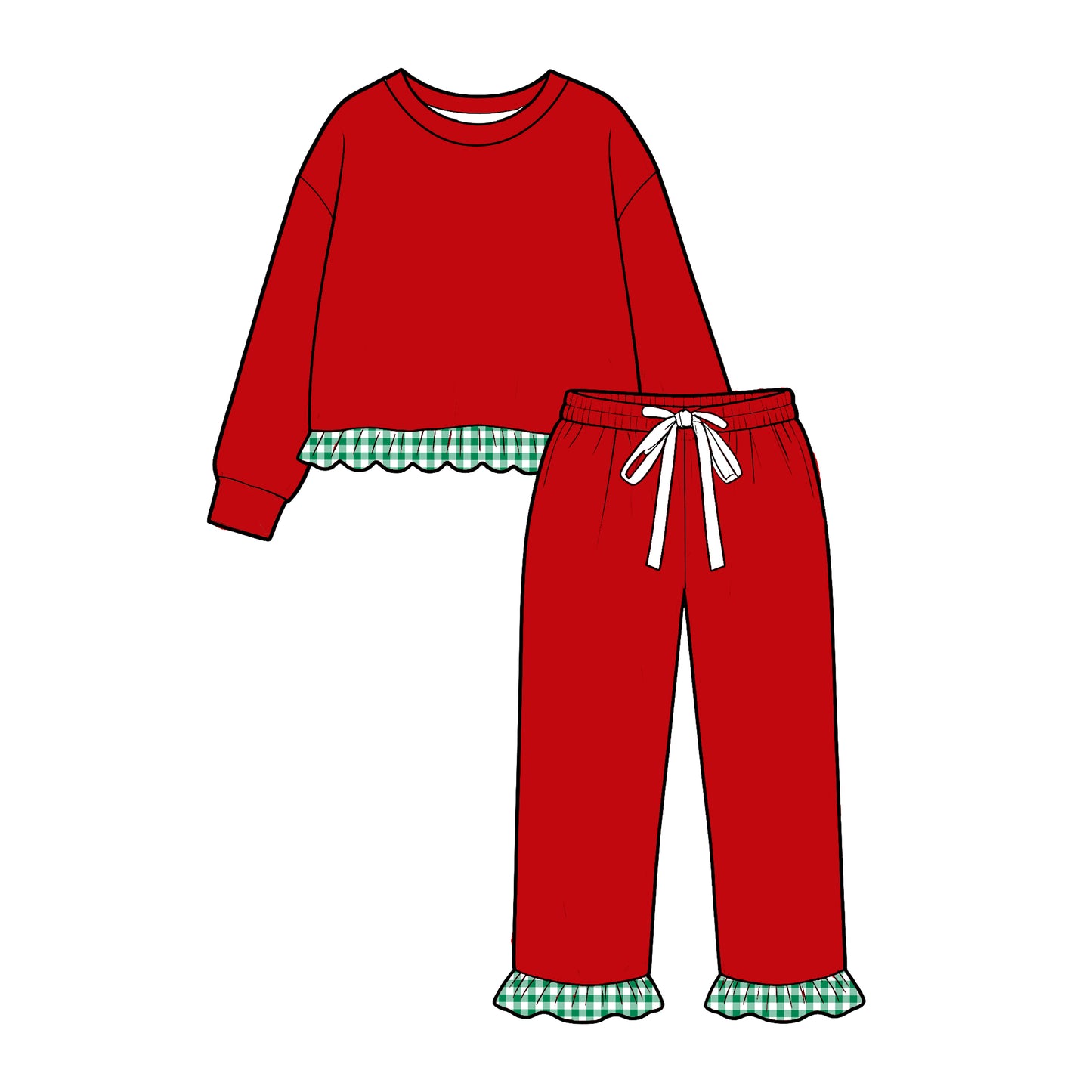 custom moq 5 mix size KYMN0102 Baby Girls Solid Color Long Sleeve Top Scallop Ruffle Hem Drawstring Pant Set
