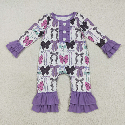RTS NO MOQ（In Stock) LR2355 Halloween bow pattern button purple lace long-sleeved bodysuit