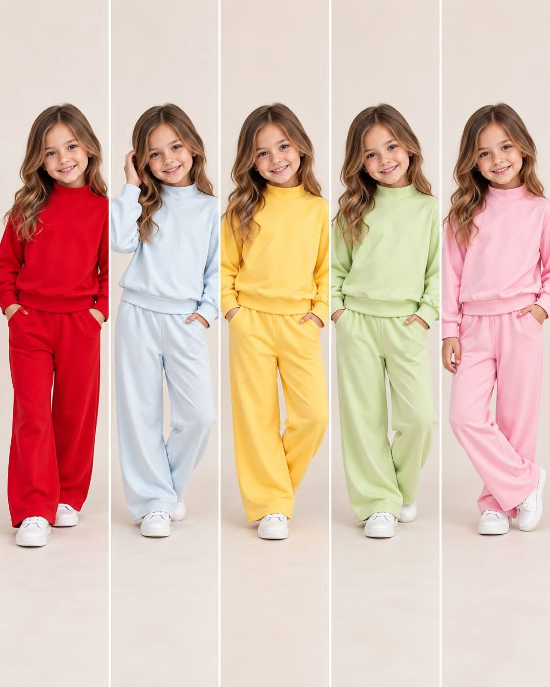 RTS NO MOQ Sibling cotton High Neck Baby Girls Casual Solid Mock Neck Top With Pocket Wide Leg Pants Set