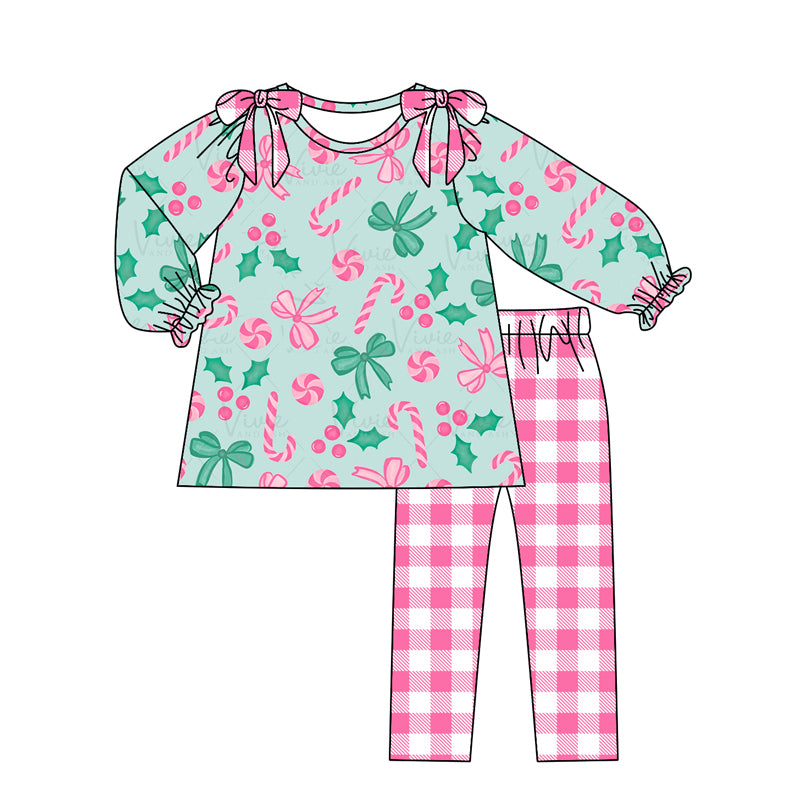 Deadline September 26 custom no moq eta 6-8weeks Pink striped Christmas cane-through-bow-decorated green puff sleeve top-pink plaid trousers set