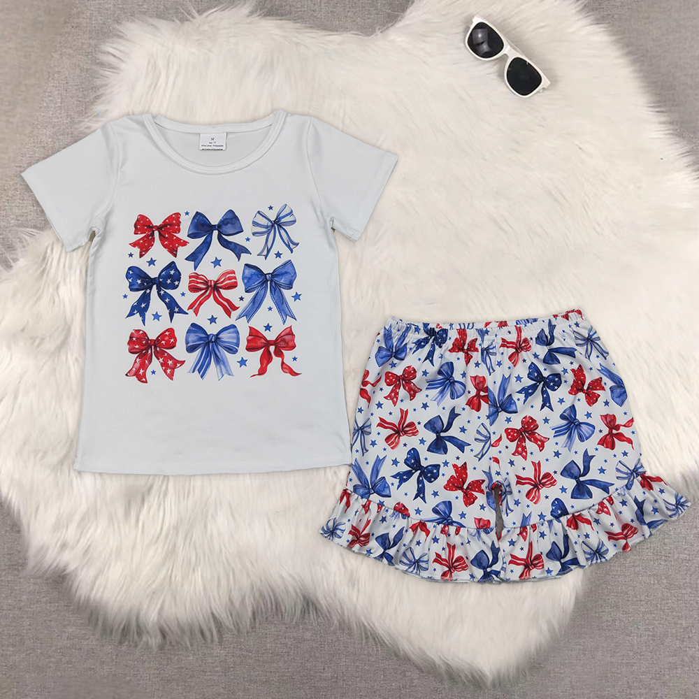 RTS NO MOQ girls clothes 4th of july bow short-sleeved shorts suit & short-sleeved sets
