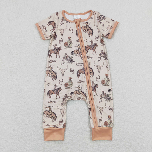 SR1220 Horseback Riding Alpine Cow Head Light Brown Zipper Short Sleeve Jumpsuit