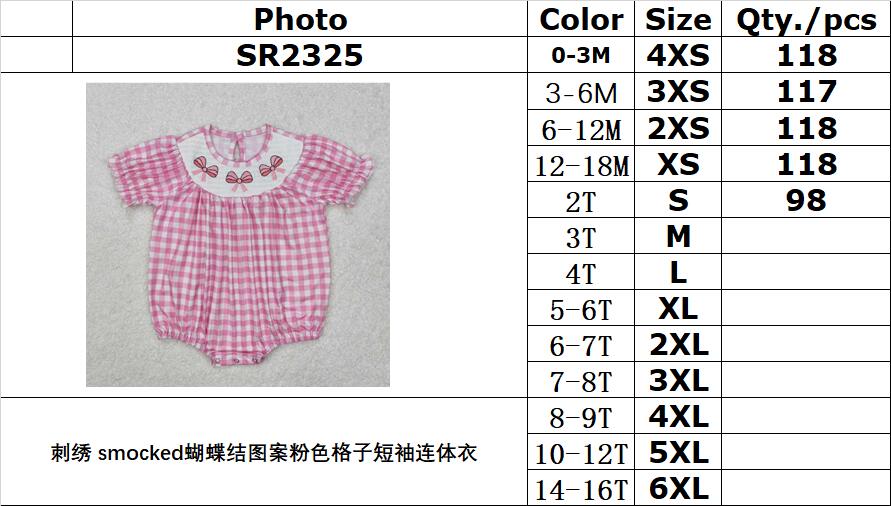RTS NO MOQ ETA 5/7days arrived SR2325 Embroidered smocked bow pattern pink plaid short-sleeved jumpsuit