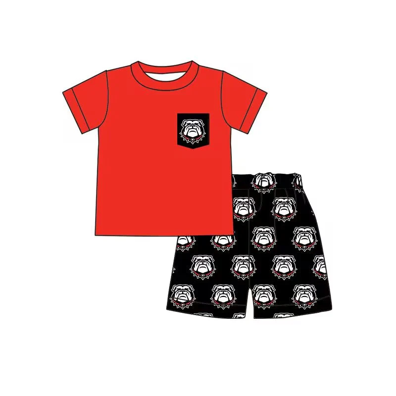 Deadline August 19 custom no moq  eta 6-7weeks Red Boys Pocket Short Sleeve Shorts Cotton Top Set