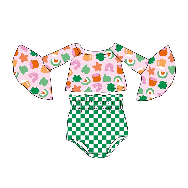 GBO0248 Star Hat Four Leaf Clover Pink Long Sleeve Green and White Plaid Briefs Set