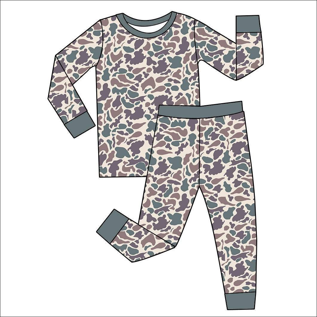 Custom moq 5 mix size milk silk summer baby boy clothes camouflage long sleeve pants sets-25.8.9
