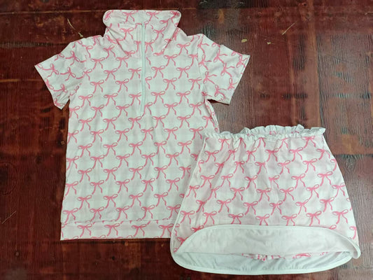 Custom moq 3 eta 6-7weeks baby girls clothes bow pink short sleeve skirt shorts sets