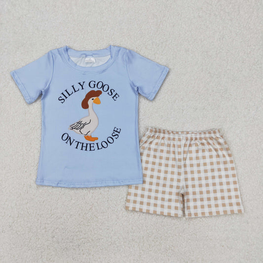 RTS NO MOQ ETA 5/7days Arrived BSSO1305 silly goose letter duck blue short-sleeved plaid shorts suit