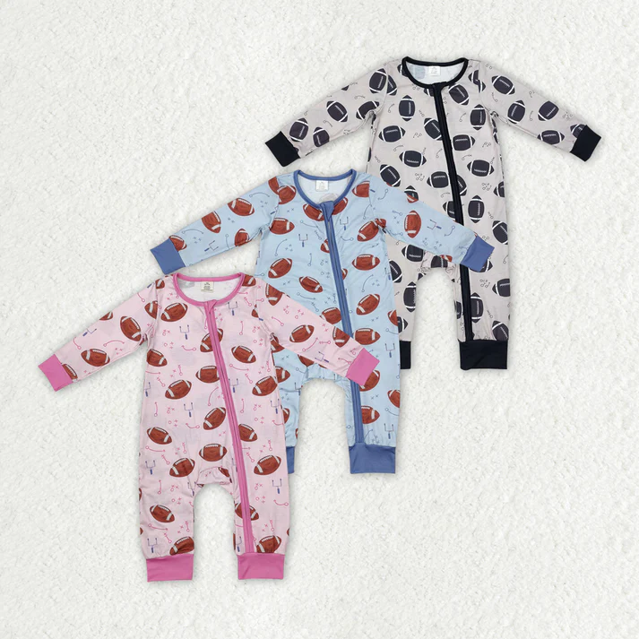 RTS NO MOQ Baby Infant Toddler Football Zip Bamboo Rompers