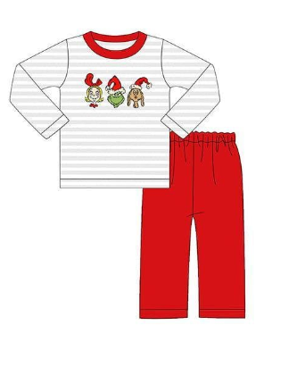 Deadline November 4 custom no moq eta 6-8weeks Christmas Girl - Green Turtle - Puppy Pattern Light Purple Striped Long Sleeve Top - Red Pants Set