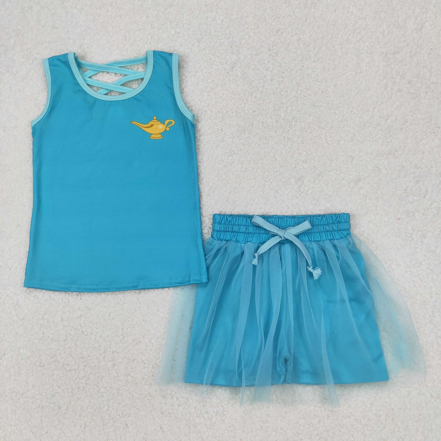 RTS NO MOQ GSD2076 Aladdin Magic Lamp solid blue-green vest pants skirt set