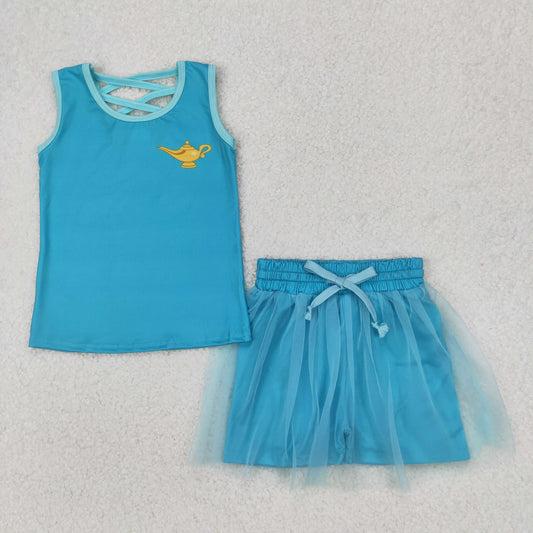 RTS NO MOQ GSD2076 Aladdin Magic Lamp solid blue-green vest pants skirt set