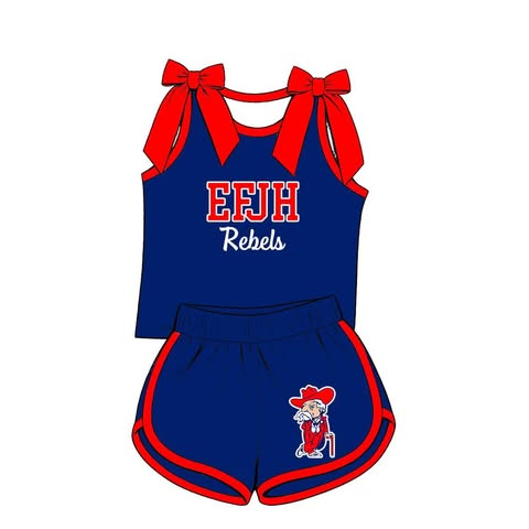 custom moq 5 mix size EAROML01 Baby Girls Red Bow Sleeveless Navy Blue Top Shorts Summer Set Casual Clothes