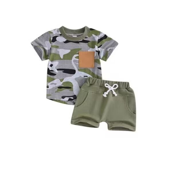 custom moq 5 eta 4-5 weeks baby boys clothes camouflage short sleeve shorts summer outfit