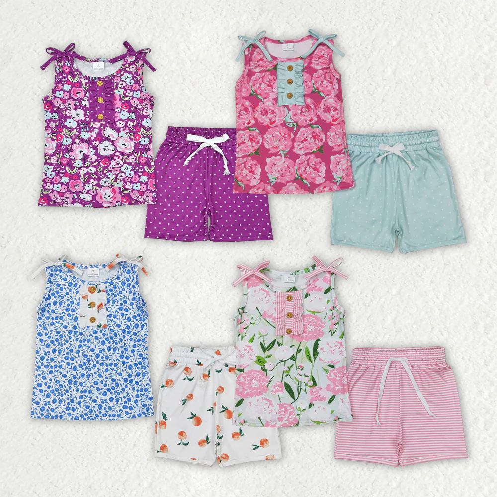 RTS NO MOQ baby girl Clothes floral sleeveless shorts Sets