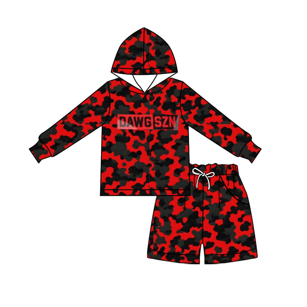 custom moq 5 mix size AY0102 Boys Red Black Camo Hooded Long Sleeve Shirt Shorts Sets