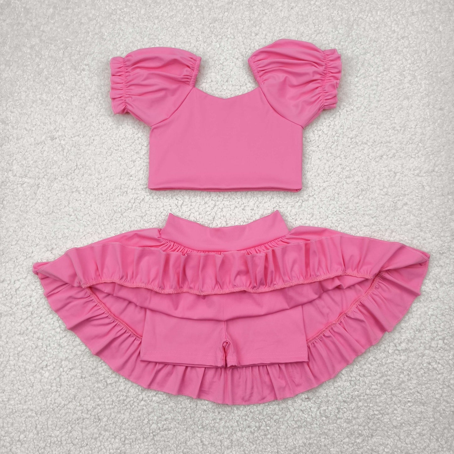 RTS NO MOQ GSD2102 Pure pink lantern sleeve skirt yoga suit