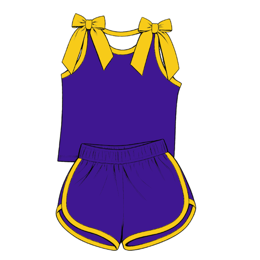 custom moq 5 mix size Baby Girls Yellow Bow Sleeveless Purple Top Shorts Summer Casual Clothes Set