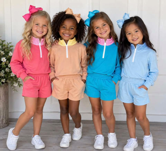 (Preorder new) No moq Baby Girls Solid Color Long Sleeve Zip Pullovers Pockets Short Clothes Set