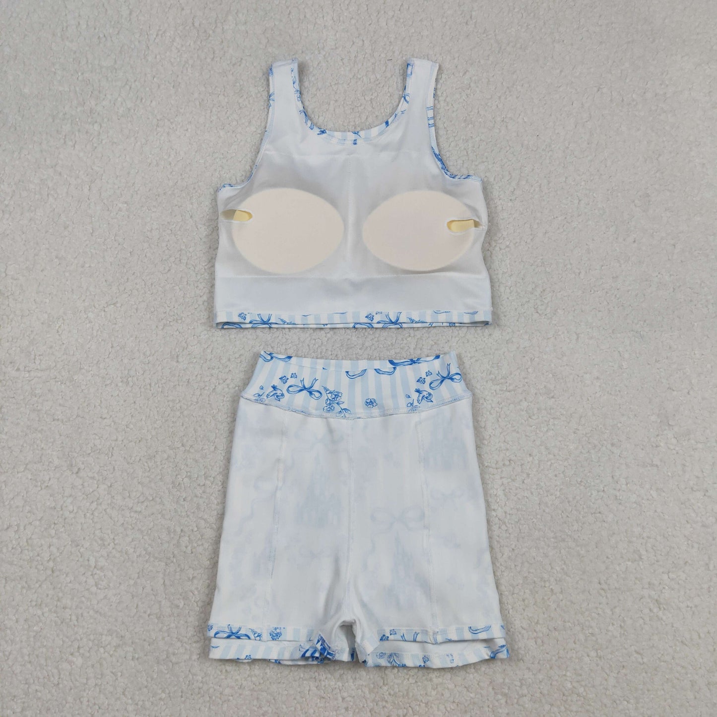 RTS NO MOQ（In Stock) Bow Pattern Castle Blue Striped Vest Skirt and Pants Yoga Set