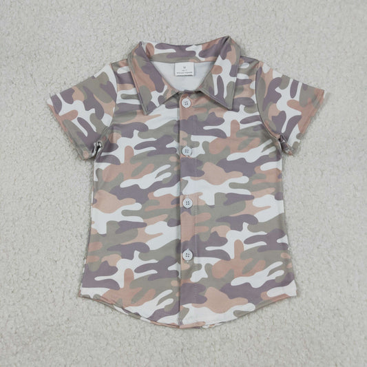 RTS NO MOQ（In Stock) Gray Brown Green Camouflage Button-Up Short-Sleeved Top