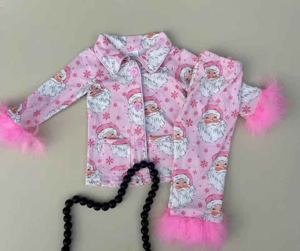 RTS NO MOQ Sibling Baby Girls Christmas Pink Plush Button Long Sleeve Long Pants Pajama Set