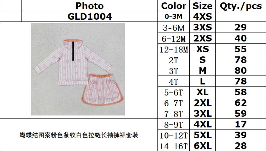 RTS NO MOQ ETA 5/7days Arrived GLD1004 Bow pattern pink stripes white zipper long-sleeved culottes set